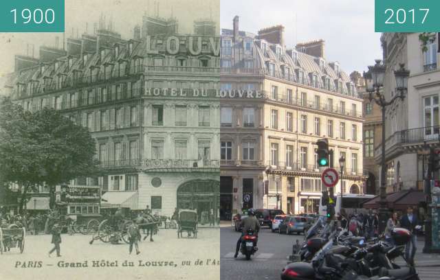 Before-and-after picture of Hôtel du Louvre between 1900 and 2017-Apr-29