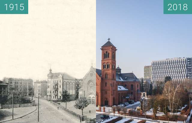 Before-and-after picture of Ulica Kościelna between 1915 and 2018-Jan-23