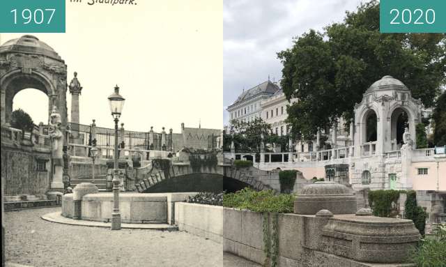 Before-and-after picture of Stadtpark Wien, Wienflussportal between 1907 and 2020-Aug-24