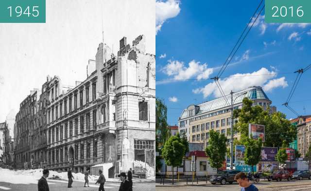 Before-and-after picture of Plac Wiosny Ludów between 1945 and 2016