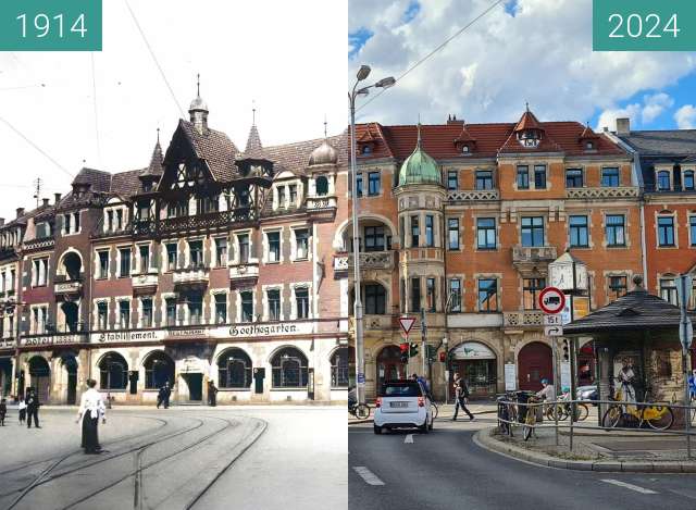 Image avant-après de Schillerplatz in Dresden entre 1914 et 27 avr. 2024