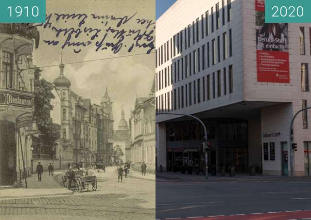 Before-and-after picture of Möserstrasse between 02/1910 and 03/2020