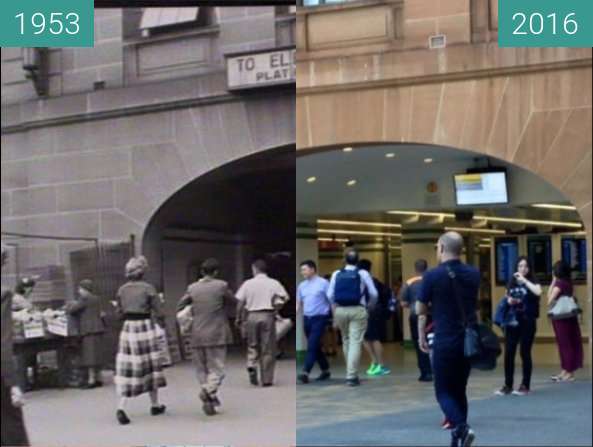 Before-and-after picture of Eddy Avenue Entrance to Central Station between 1953 and 2016