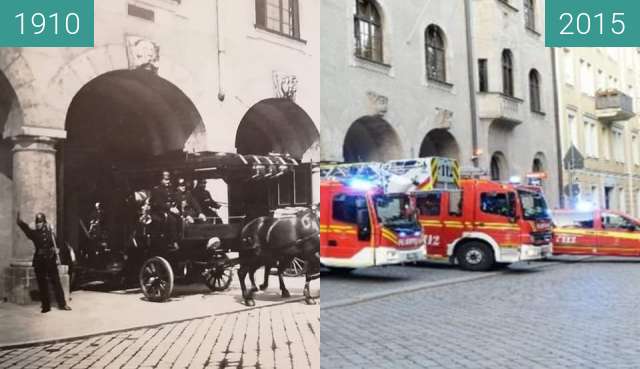 Vorher-Nachher-Bild von Hauptfeuerwache an der Blumenstraße zwischen 1910 und 2015