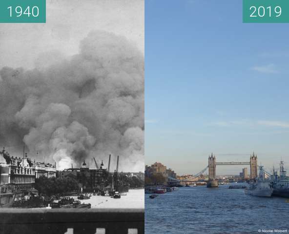 Before-and-after picture of London Blitz 1940 between 1940-Sep-07 and 2019-Nov-10