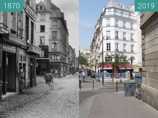 Before-and-after picture of Rue de l'École Polytechnique between 1870 and 2019-Jul-24