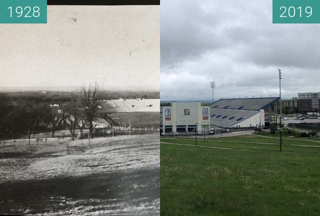 Image avant-après de Memorial Stadium University of Kansas entre 1928 et 7 mai 2019