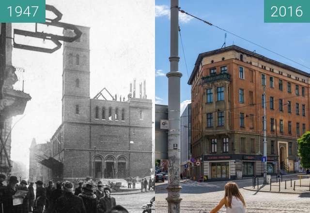 Before-and-after picture of Plac Wiosny Ludów between 1947 and 2016