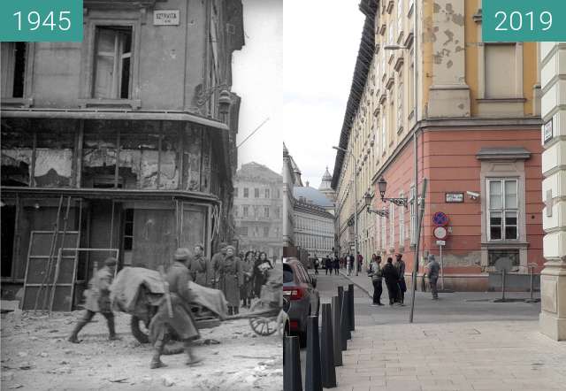 Vorher-Nachher-Bild von Budapest, Szervita tér 1945 - 2019 zwischen 01.1945 und 30.04.2019