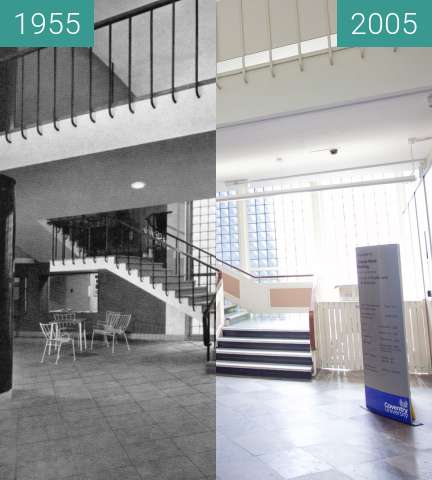 Before-and-after picture of Charles Ward building, Coventry University between 1955 and 2005-May-25