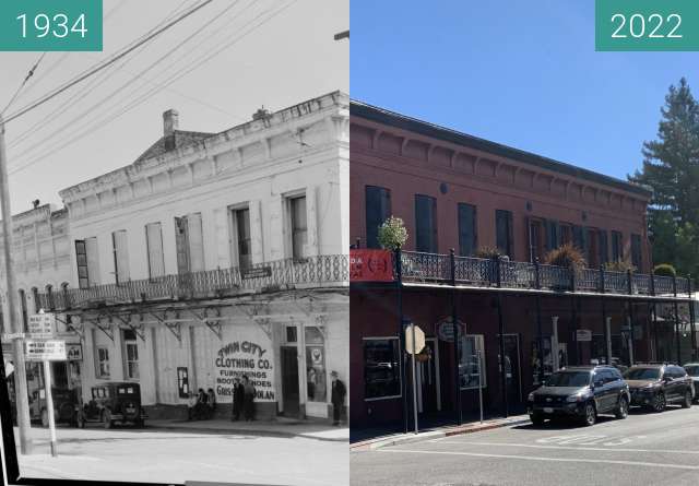 Before-and-after picture of Broad and Pine Streets, Nevada City, CA between 1934 and 2022-Aug-22