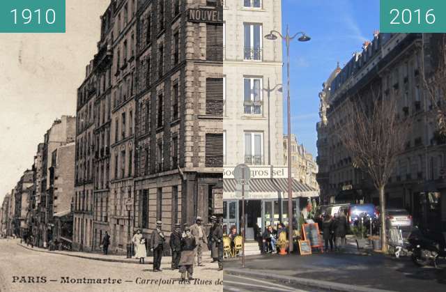 Before-and-after picture of Rue Damrémont/Joseph-de-Maistre between 1910 and 2016-Dec-11