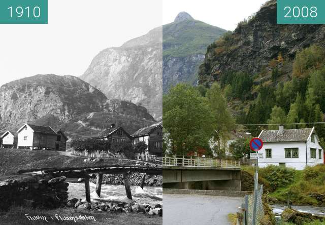 Before-and-after picture of Flåmsdalen between 1910 and 2008