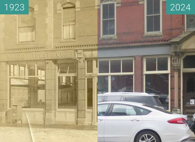 Before-and-after picture of Main and High Corner Masonic Building, Belfast, ME between 1923 and 2024-Jul-30