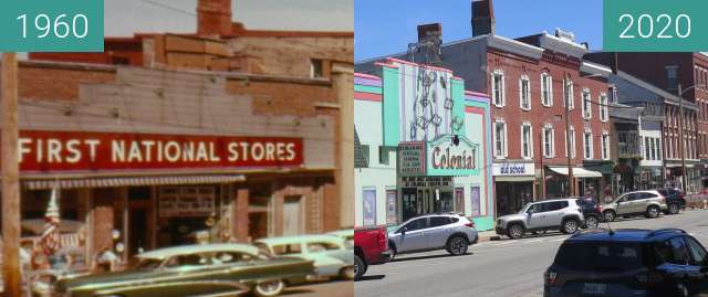 Before-and-after picture of Downtown Belfast, Maine; High Street between 1960 and 2020-Jul-16