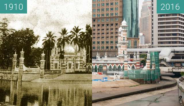 Before-and-after picture of Jamek Mosque between 1910 and 2016-Jul-22