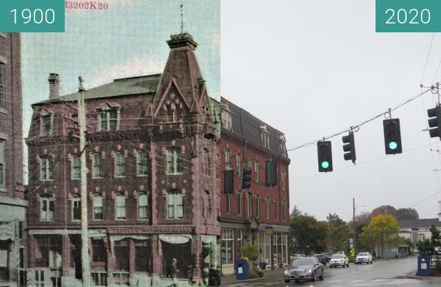 Before-and-after picture of Masonic Building and Windsor Hotel Belfast, Maine between 1900 and 2020