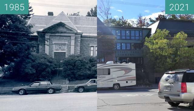 Before-and-after picture of The Two Abbot Rooms, Belfast Free Library between 1985 and 2021