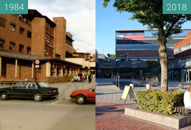 Before-and-after picture of "Trekanten", Asker, Norway between 1984 and 2018-Aug-17