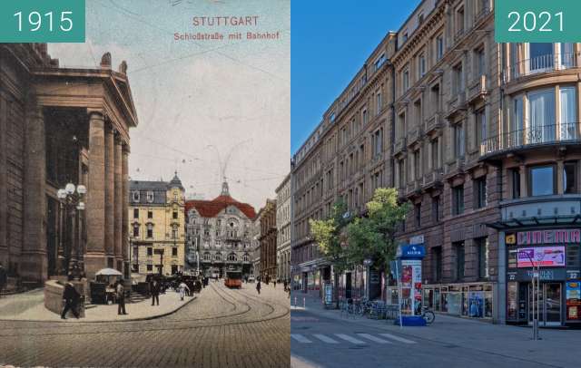 Vorher-Nachher-Bild von Stuttgart, (alte) Schloßstraße, heute Bolzstraße zwischen 1915 und 25.04.2021