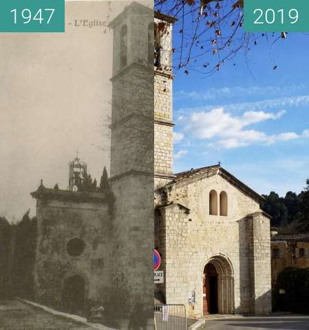 Before-and-after picture of Abbaye de Valbonne village between 1947 and 2019-Jan-18