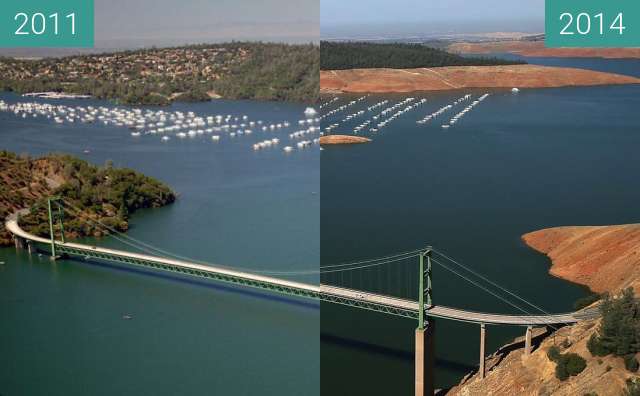 Before-and-after picture of Lake Oroville between 2011-Jul-20 and 2014-Aug-19