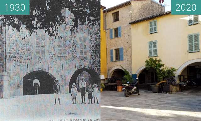 Image avant-après de Place des arcades Valbonne avec enfants entre 1930 et 26 mai 2020