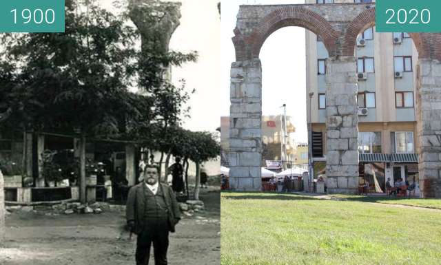 Before-and-after picture of Selçuk Byzantine Aquaducts between 1870 and 2020-Oct-10