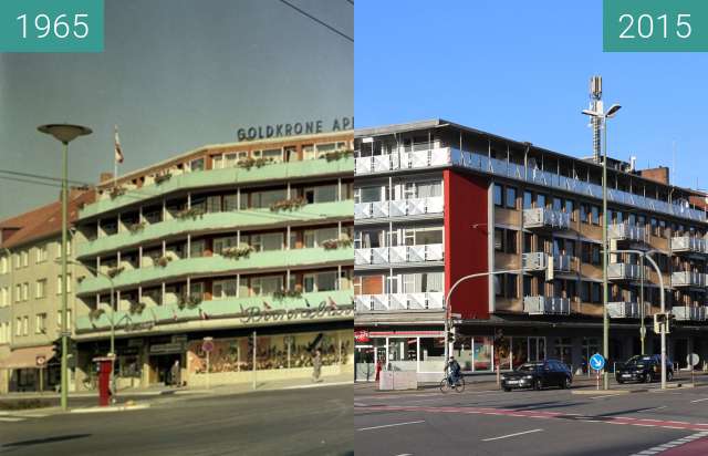 Before-and-after picture of Rosenplatzhaus between 1965 and 2015-Dec-30