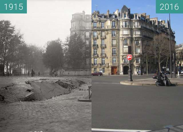 Before-and-after picture of Place de l'Alma between 1915-Nov-08 and 2016-Mar-13