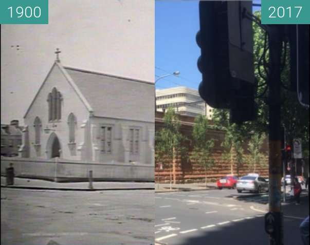 Before-and-after picture of Campbell and Castlereagh Streets, Sydney between 1900 and 2017