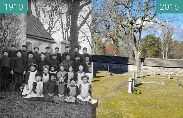 Before-and-after picture of East side of Knutby church between 1910 and 2016-Mar-28