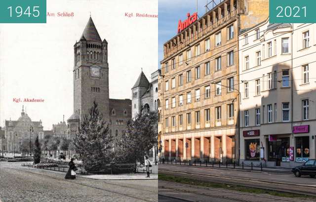 Before-and-after picture of Ulica św. Marcin between 1910 and 2021