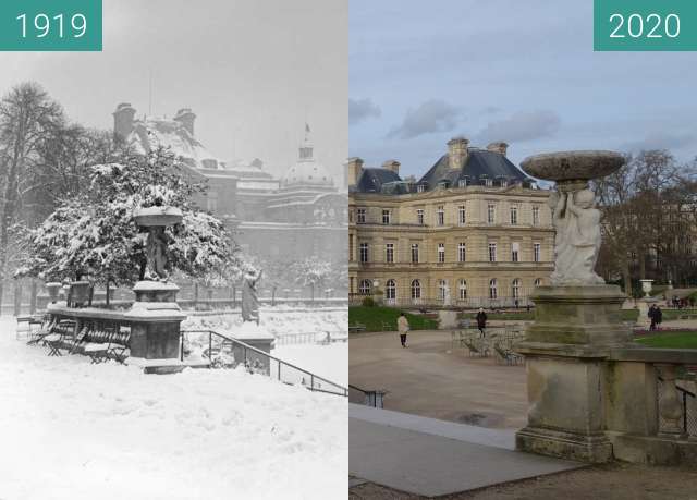 Before-and-after picture of Jardin du Luxembourg in winter between 1919 and 2020-Mar-09