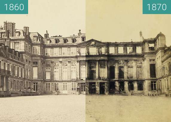 Before-and-after picture of Château de Saint-Cloud between 1860 and 1870