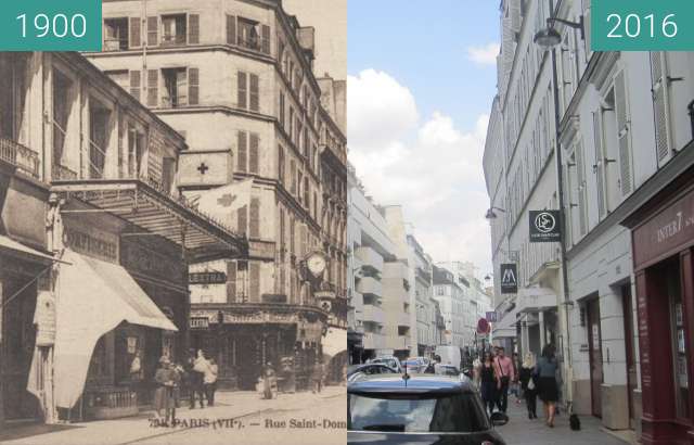 Before-and-after picture of Rue St. Dominique between 1900 and 2016-Sep-23