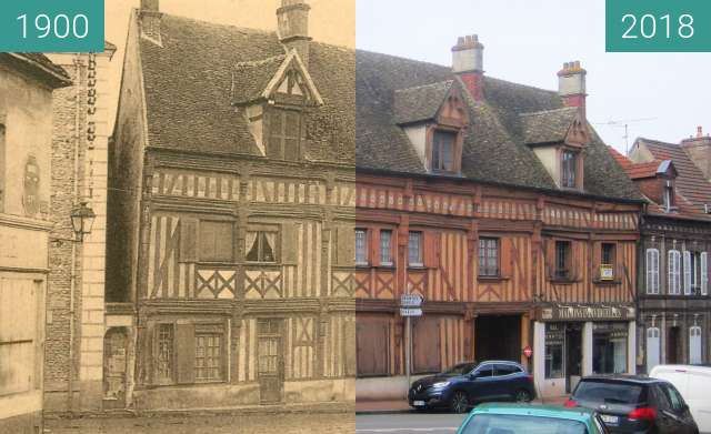 Before-and-after picture of Rue de Paris (Houdan) between 1900 and 2018-Mar-25