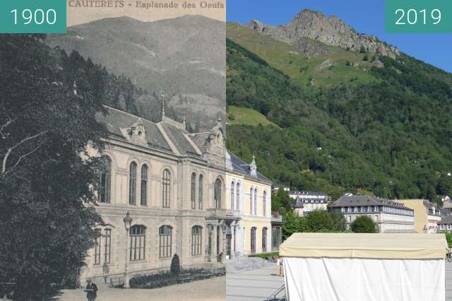 Image avant-après de Cauterets, Esplanade des oeufs entre 1900 et 24 août 2019