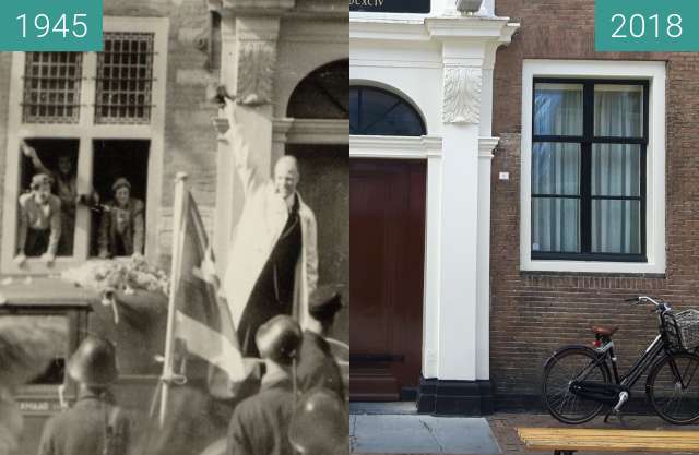 Before-and-after picture of Mayor van Kinschot before City Hall Alkmaar 1945 between 1945 and 2018-Apr-24