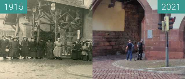 Vorher-Nachher-Bild von Freiburg; Schwabentor zwischen 1915 und 16.09.2021