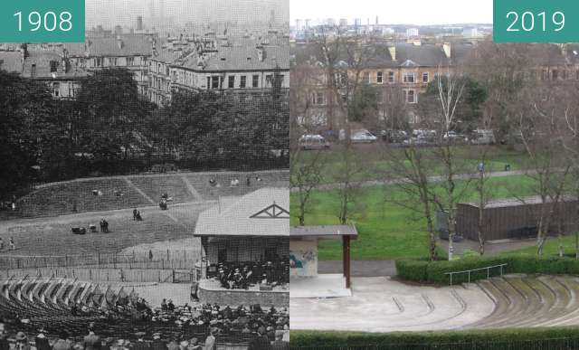 Before-and-after picture of Queen's Park stage between 1908 and 2019-Mar-24