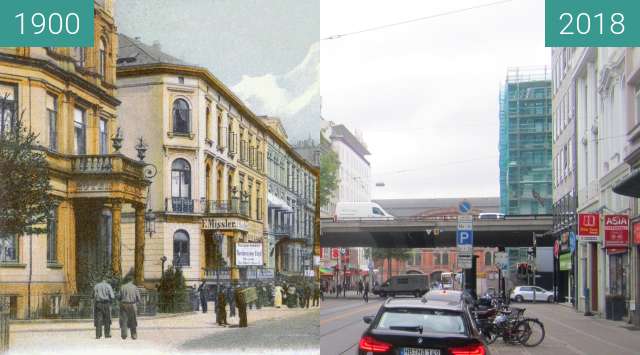 Before-and-after picture of Bahnhofstraße between 1900 and 2018-Aug-20