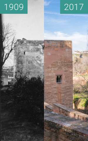 Before-and-after picture of Torre de la Cautiva in the Alhambra between 1909 and 2017-Jan-31