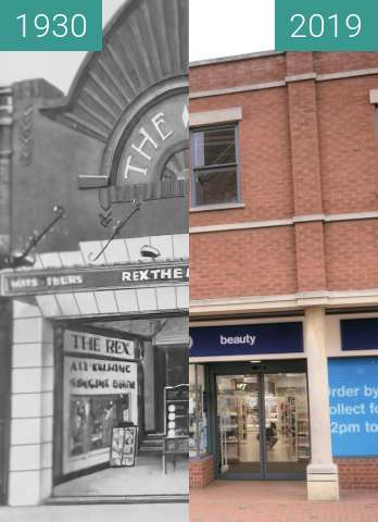 Before-and-after picture of The Rex Cinema between 1930 and 2019-Jun-20