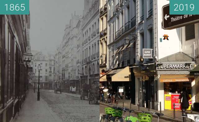 Before-and-after picture of Rue de la Harpe between 1865 and 2019-Feb-21