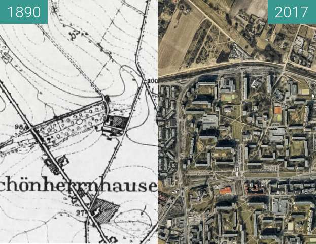 Before-and-after picture of Folawark Piątkowo / Schoenherrnhausen between 1890 and 2017