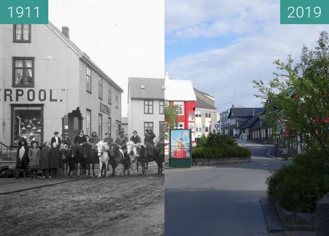 Before-and-after picture of Vesturgata between 1911 and 2019-May-28