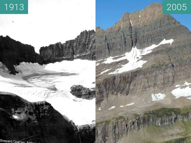 Before-and-after picture of Shepard Glacier between 1913 and 2005-Aug-21