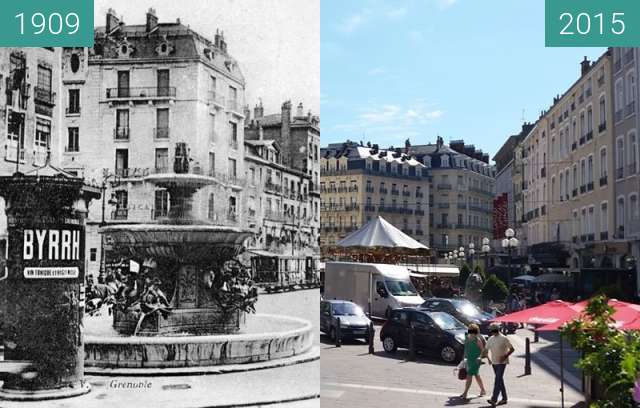 Vorher-Nachher-Bild von Grenoble | Place Grenette : Fontaine aux Dauphins  zwischen 1909 und 2015