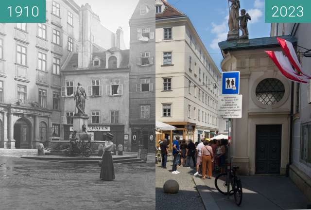 Before-and-after picture of Franziskanerplatz between 1910-Jul-23 and 08/2023